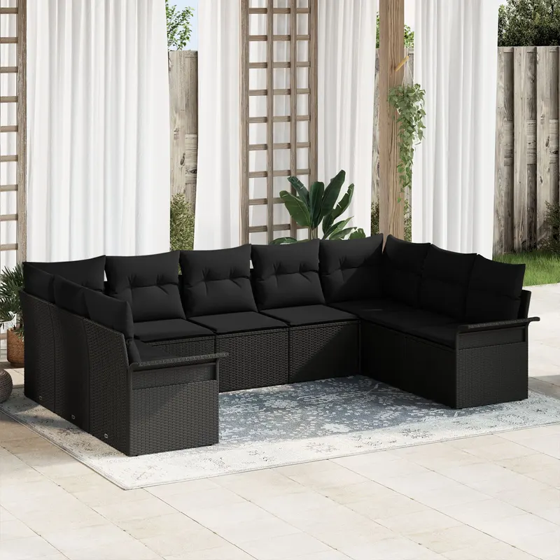 set canapea de gradina 9 piese cu perne negru poliratan