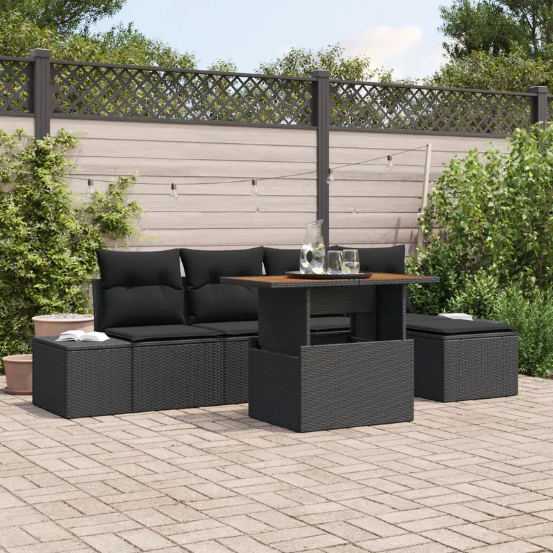 set de dining pentru gradina cu 6 piese si perne negru poliratan acacia