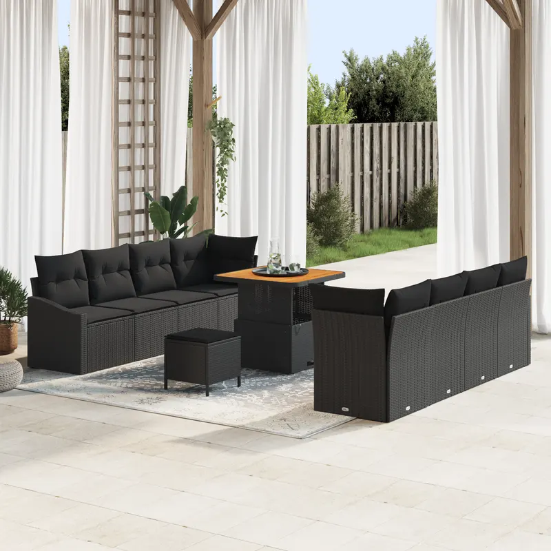 Set de canapea de gradina cu 11 piese si perne negru poliratan acacia, canapea de gradina cu 2 locuri si perne negru poliratan, set de dining pentru gradina cu 3 piese si perne negru poliratan acacia