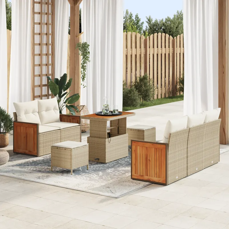 Set canapea gradina 8 piese cu pernite bej poli rattan acacia, canapea gradina 2 locuri cu pernite bej poli rattan, set cina gradina 3 piese cu pernite bej poli rattan acacia