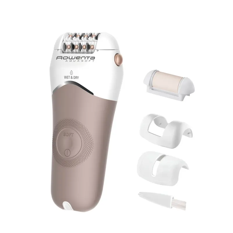 Epilator Rowenta AquaSoft Wet Dry EP4924F0, 2 trepte de viteza, 24 de pensete, autonomie 40 minute, tehnologie Skin Respect, alb bej