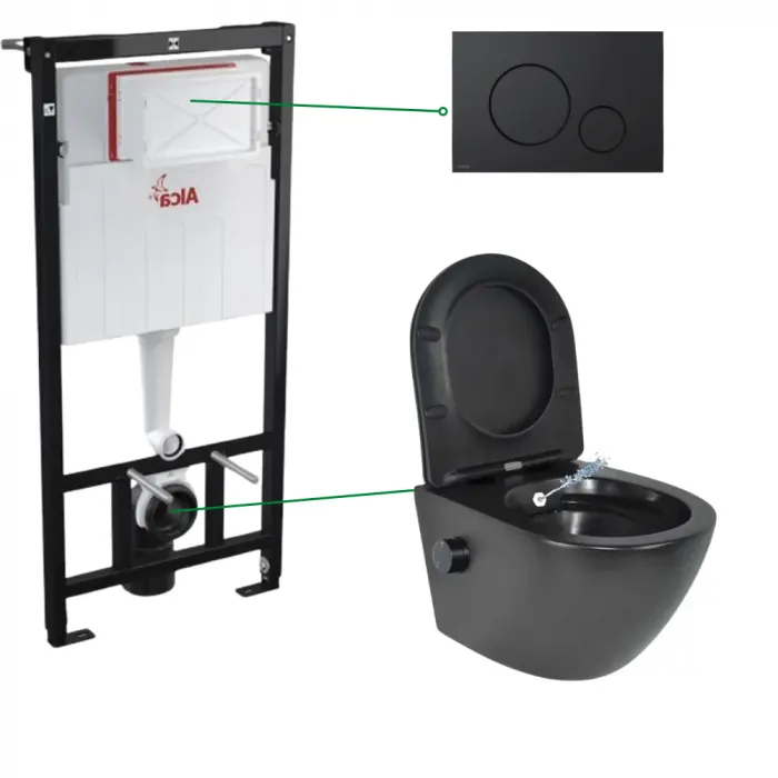 Set vas wc suspendat cu functie bideu si baterie inclusa Oslo, rezervor incastrat si clapeta negru mat, Alcadrain