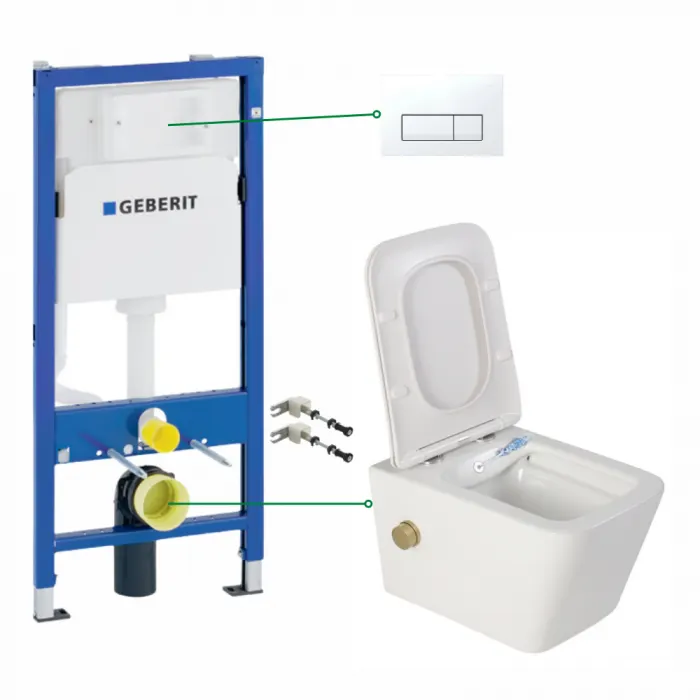 Set vas wc suspendat cu functie bideu si baterie auriu mat Safari, rezervor wc incastrat si clapeta alb alpin, Geberit Delta 51