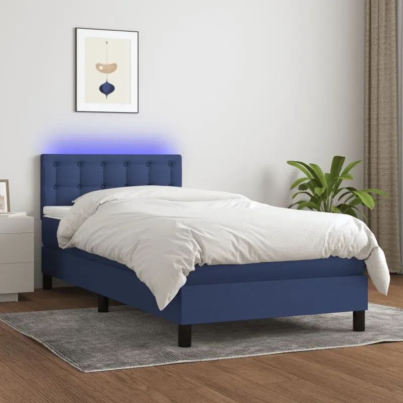 pat cu arcuri, saltea si led, albastru, 90x200 cm, textil