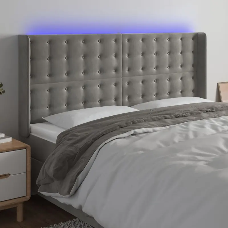 Tablie de pat cu led, gri deschis, 163x16x118/128 cm, catifea