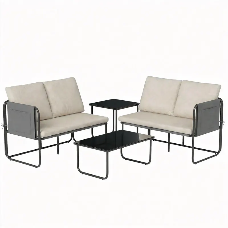 Outsunny Set Mobilier Grădină Exterior 4 Piese cu 2 Canapele 2 Locuri 2 Mese din Sticlă Perne Huse Detașabile și Buzunare Kaki