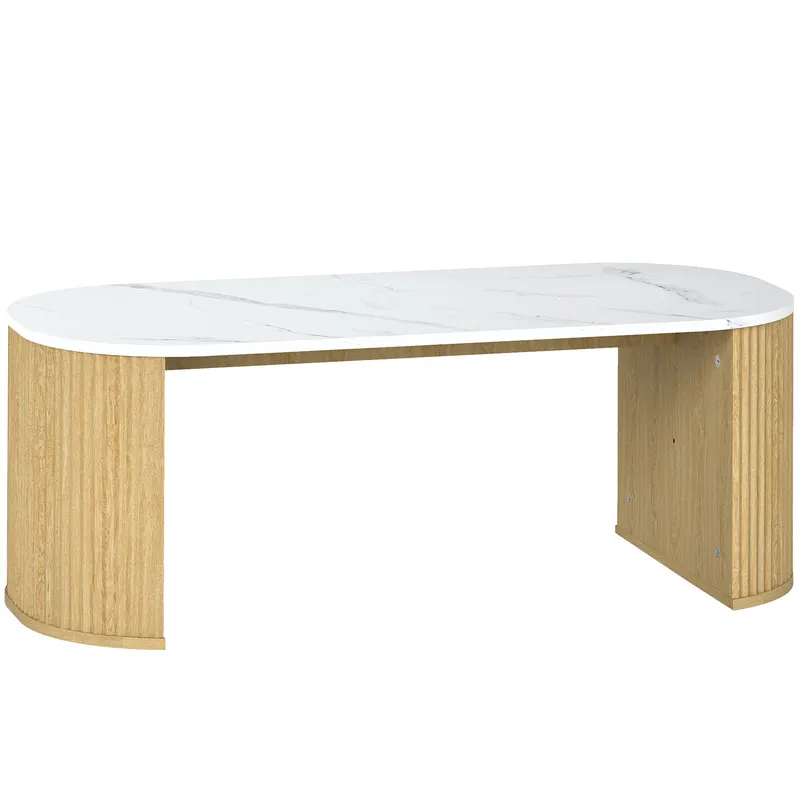 HOMCOM Masă de cafea ovală, masă auxiliară cu aspect marmură, colțuri rotunjite și picioare groase, 110 x 50 x 40 cm, alb