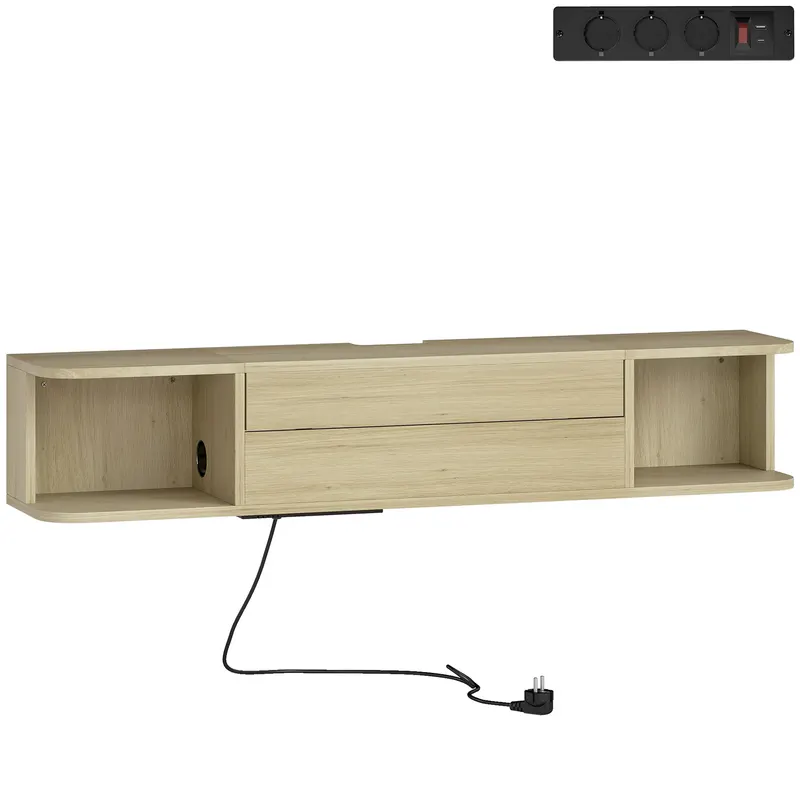HOMCOM Mobilier TV suspendat mobilier TV pentru televizoare 127 cm sertar rafturi treceri cabluri 120x24x22,4cm efect lemn natural
