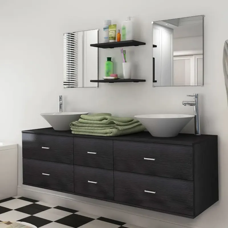 set mobilier de baie, 9 piese, cu chiuveta si robinet, negru