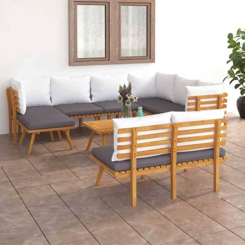 set mobilier de gradina cu perne, 9 piese, lemn masiv de acacia
