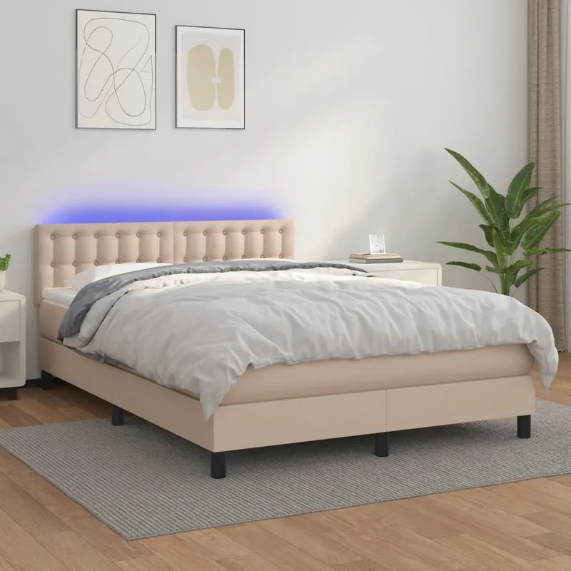 pat cu arcuri, cu saltea si led cappuccino 140x190 cm piele eco