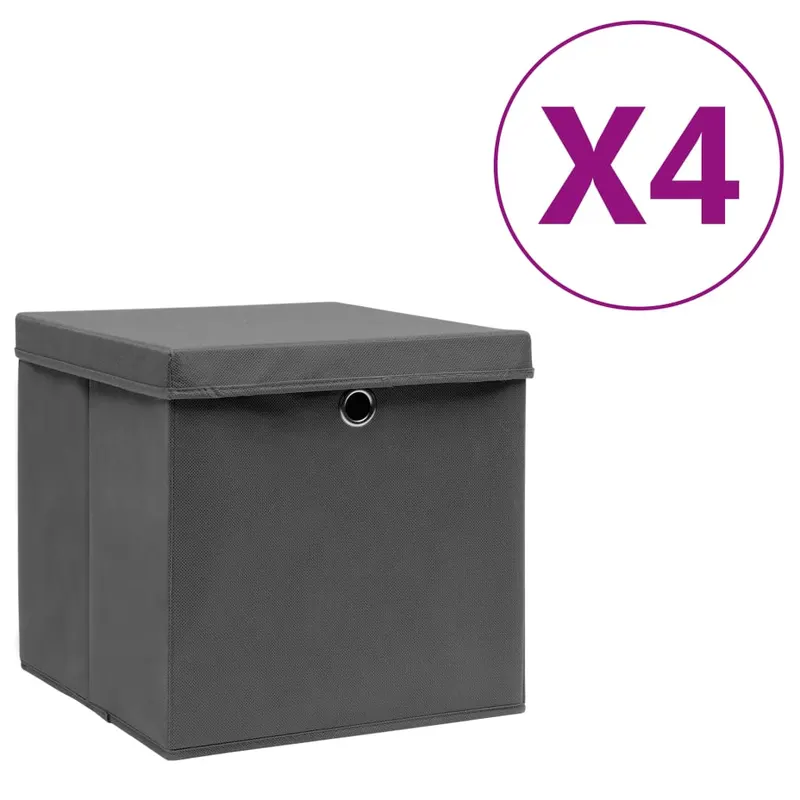 cutii depozitare cu capac, 4 buc., gri, 28x28x28 cm