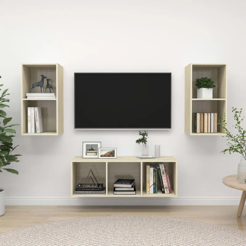 set de dulapuri tv, 3 piese, stejar sonoma, lemn prelucrat