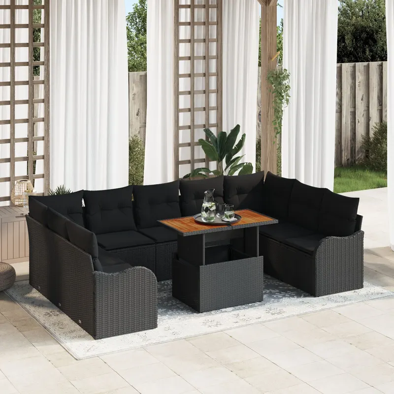 set canapea de gradina cu 10 piese si perne din ratan poly negru, canapea de gradina cu 2 locuri si perne din ratan poly negru