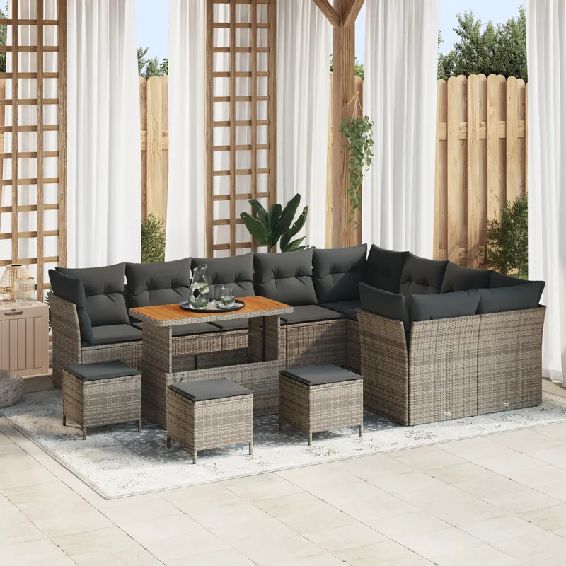 set canapele gradina cu 13 piese si perne gri ratan sintetic acacia, set de dining pentru gradina cu 4 piese si perne gri ratan sintetic acacia