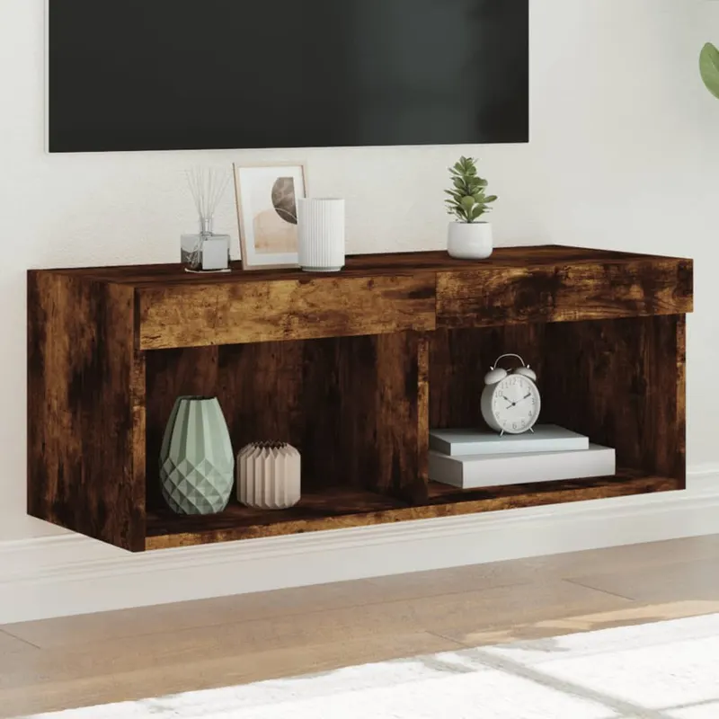comoda tv cu lumini led, stejar fumuriu, 80x30x30 cm