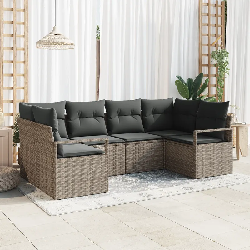 Set de canapele de gradina 6 piese cu perne gri din ratan poliester, canapea de gradina cu storage si perne gri din ratan poliester