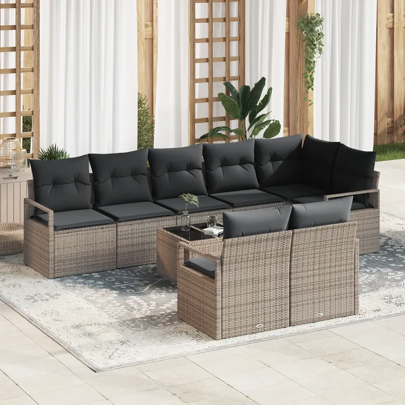 set de canapea de gradina cu 8 piese si perne negre din ratan polimeric