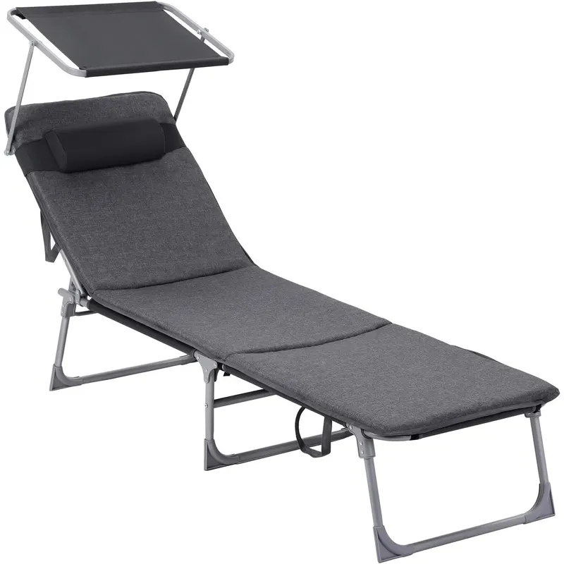 Sezlong pliabil cu saltea 3 cm si parasolar, spatar reglabil 4 pozitii, max 150 kg, 193x53x30 cm, gri