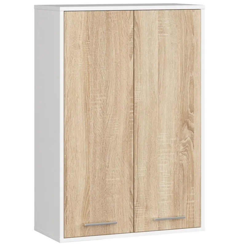 Dulap baie suspendat, cu 2 usi si 4 rafturi interioare, PAL 16 mm, 64x30x94 cm, alb si stejar sonoma