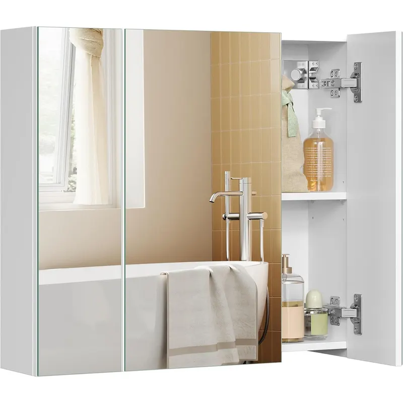Dulap suspendat pentru baie cu 3 usi, oglinda si rafturi reglabile, 60x15x55 cm, alb