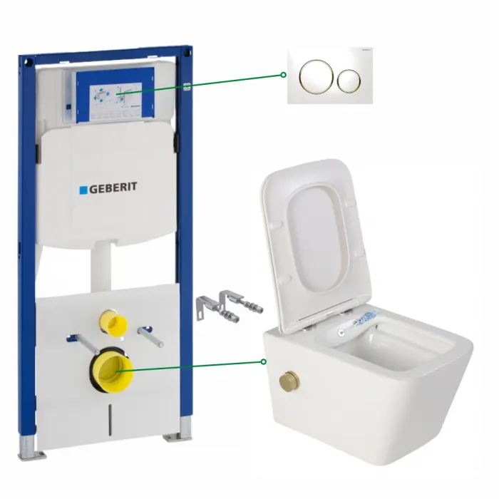 Set vas wc suspendat cu functie bideu si baterie auriu mat inclusa Safari, rezervor wc incastrat si clapeta alb lucios, Geberit Sigma