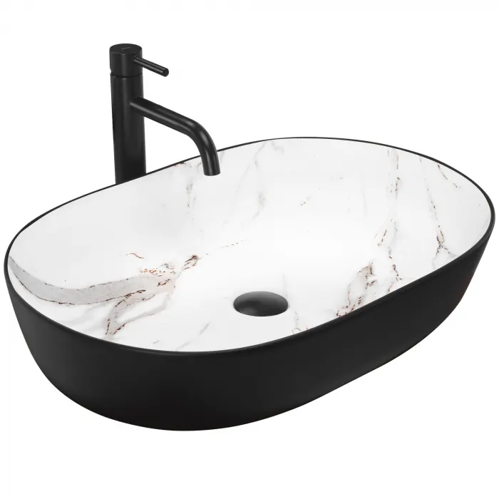 Lavoar oval Rea Cleo, imitatie piatra, alb negru, ceramica premium, 60,5 x 41 cm