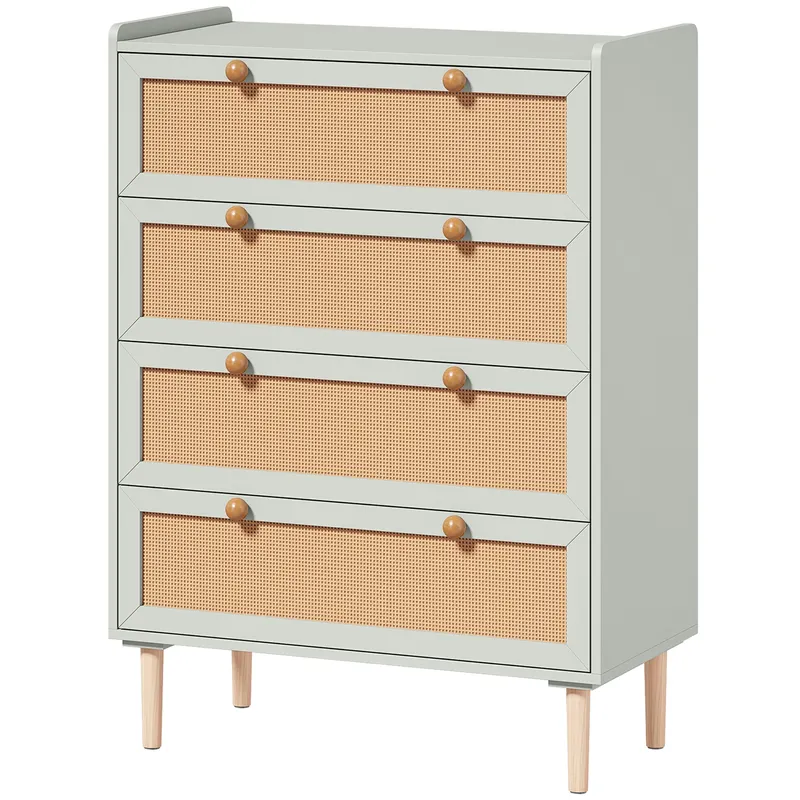 HOMCOM Comodă cu 4 sertare din lemn și ratan PVC, stil boem, pentru dormitor, hol, coridor, 80x40x109,2cm, Verde salvie
