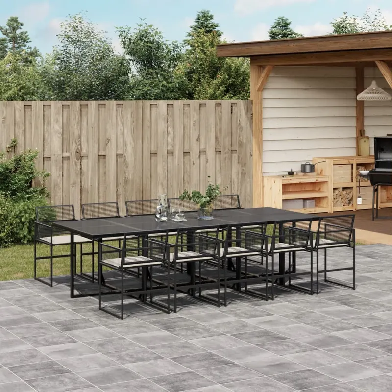 set mobilier de exterior cu perne, 11 piese, negru, poliratan