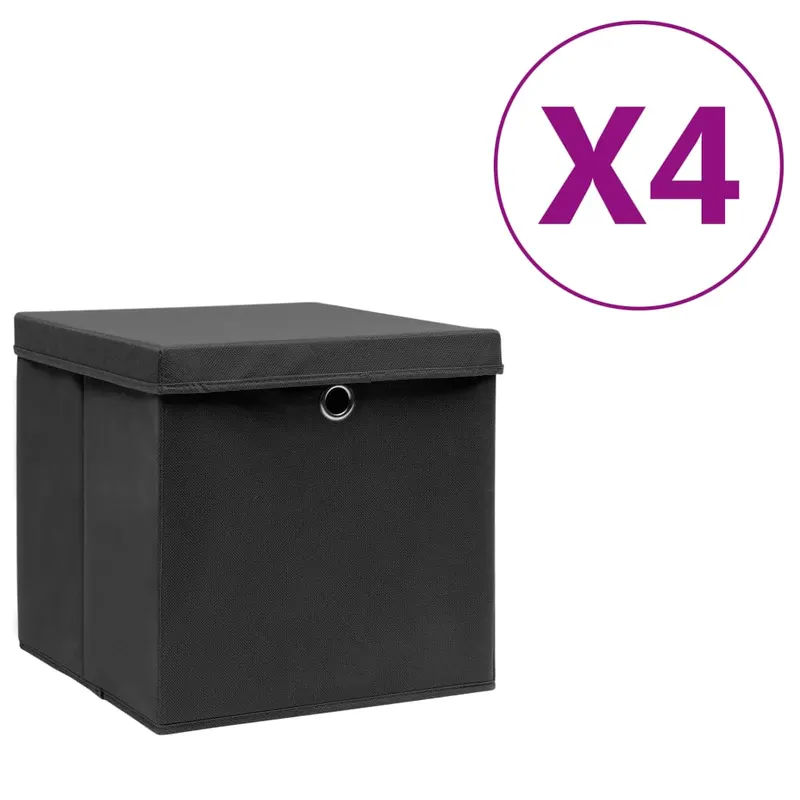 cutii depozitare cu capac, 4 buc., negru, 28x28x28 cm