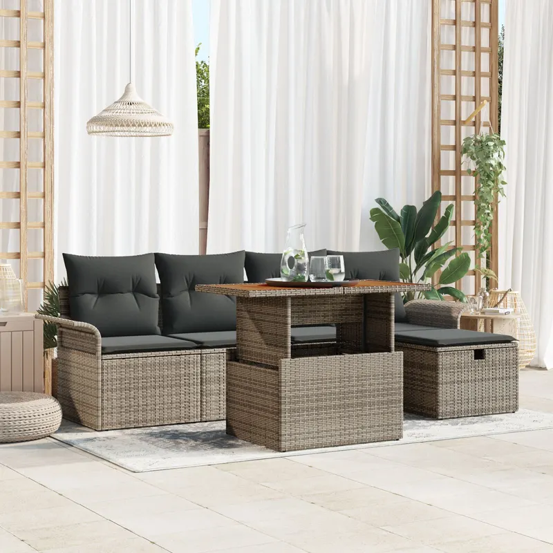 Set de sofa de gradina cu 6 piese cu pernute gri poliratan, sofa de gradina cu 2 locuri cu spatiu de stocare & pernute gri poliratan