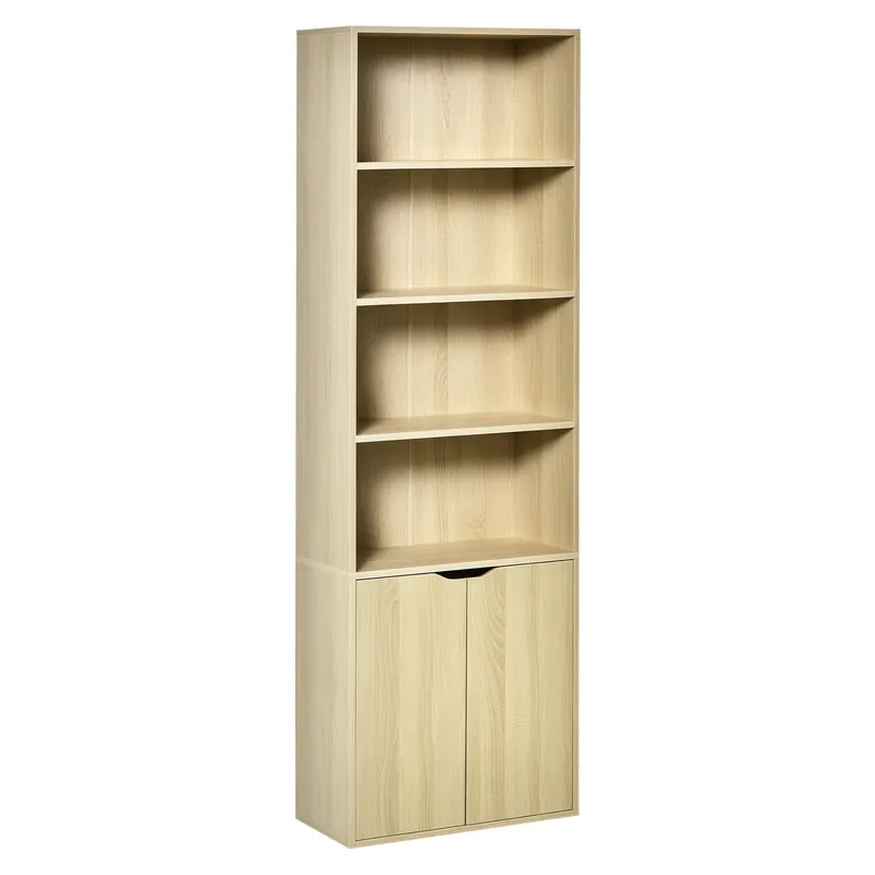 HOMCOM Bibliotecă Dulap de cărți cu 4 compartimente deschise și 2 uși pentru sufragerie și birou 59x29x180 cm Lemn natural