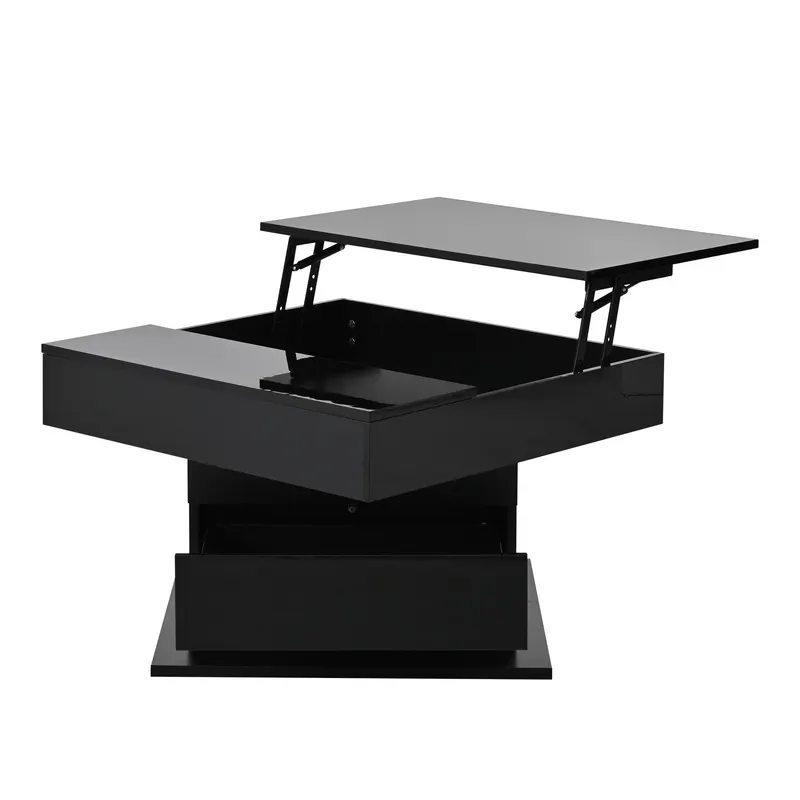 Masă de cafea rotativă 360° cu funcție de ridicare, spațiu de depozitare ascuns și 1 sertar, 70x70x45 cm, Negru