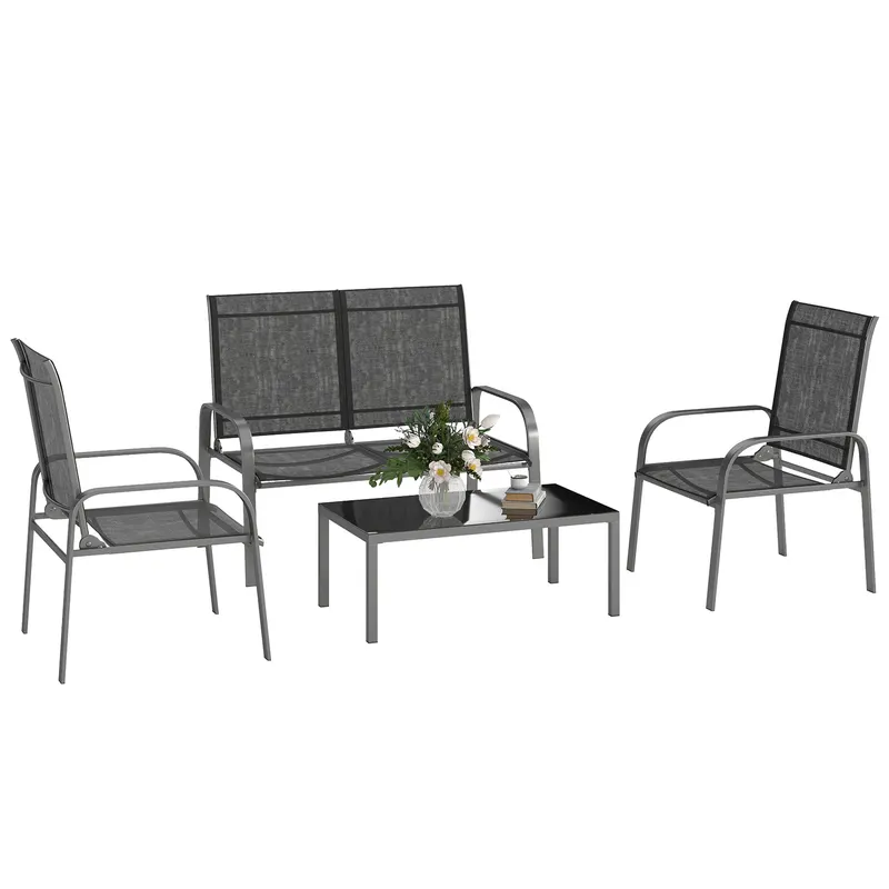 Outsunny Set de Mobilier de Grădină din 4 Piese cu Canapea, 2 Scaune și Masă de Cafea, 108x66x86 cm, Negru