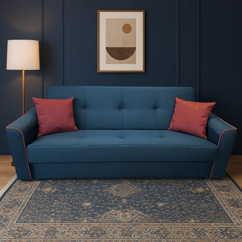 Canapea VERA extensibila, 3 locuri, lada de depozitare, stofa bleumarin + rosu bordo, 225x90x90 Bleumarin + Rosu Bordo, Stofa