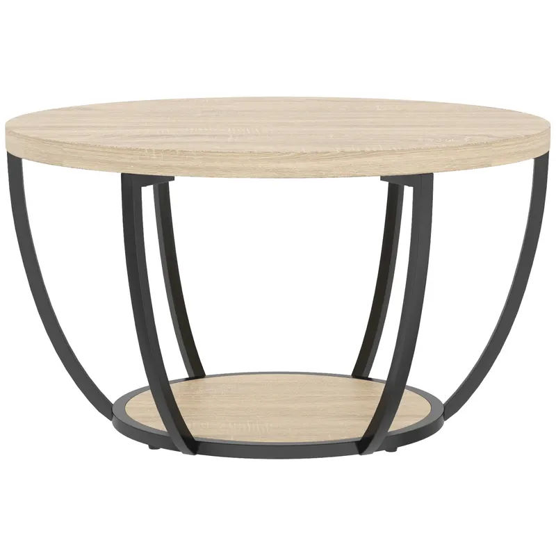 HOMCOM Măsuță de Cafea Rotundă cu 2 Rafturi, Picioare Metalice, Blat Gros, 80x80x43,8 cm, Finisaj Lemn Natur