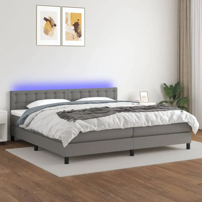 pat cu arcuri, saltea si led, gri inchis, 200x200 cm, textil