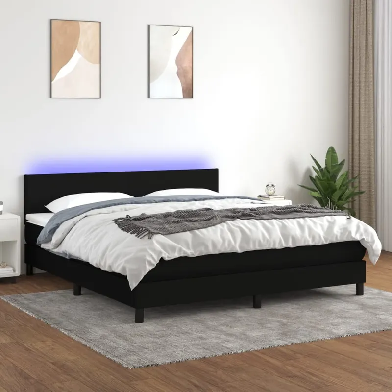 pat cu arcuri, saltea si led, negru, 180x200 cm, textil
