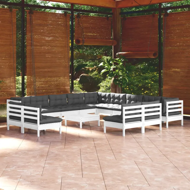 set mobilier gradina cu perne, 14 piese, alb, lemn masiv pin