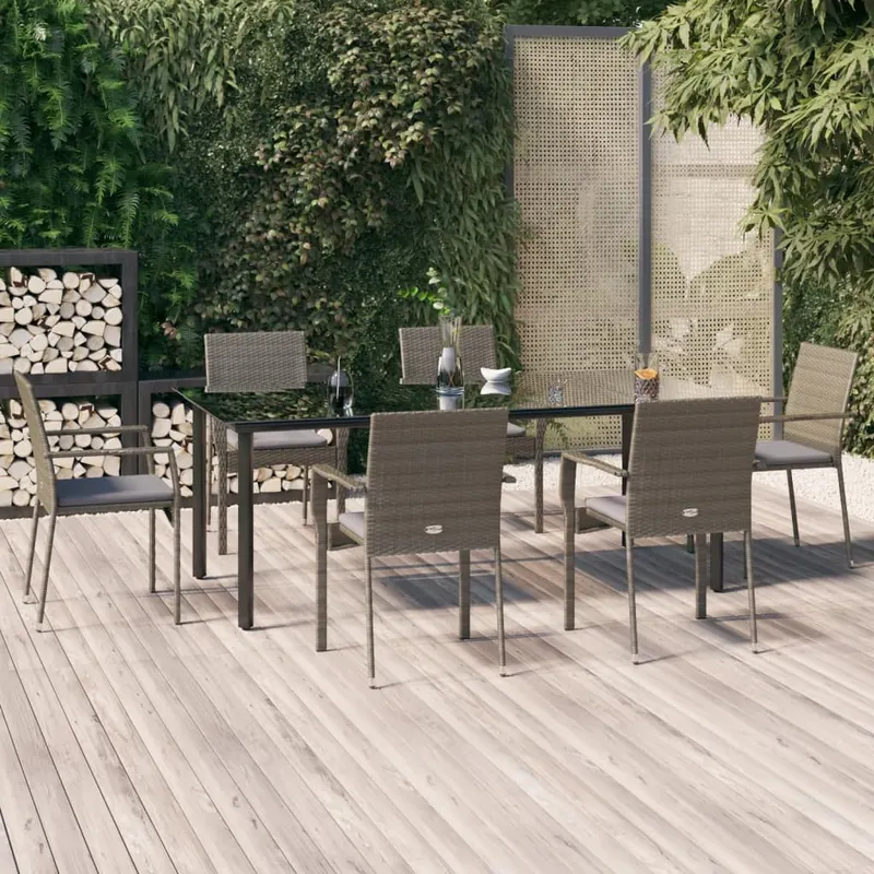 set mobilier de gradina cu perne, 7 piese, negru/gri, poliratan