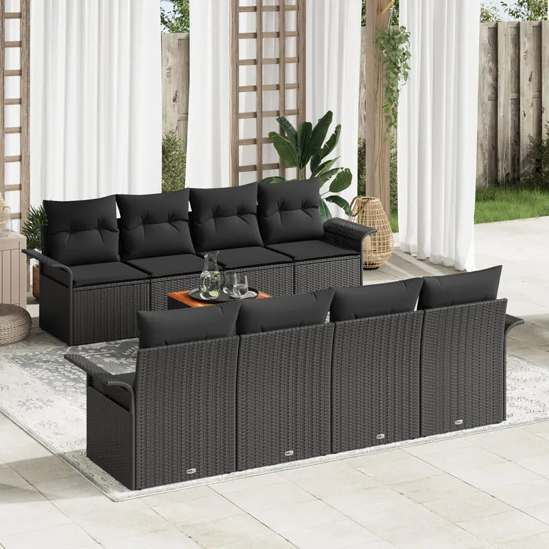 set de canapea gradina de 9 piese cu perne negre poliratan acacia