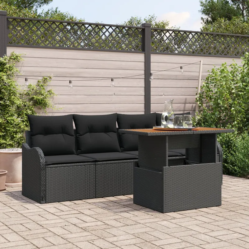Set canapea gradina 5 piese cu perne negru poliratan acacia, canapea gradina 2 locuri cu perne negru poliratan