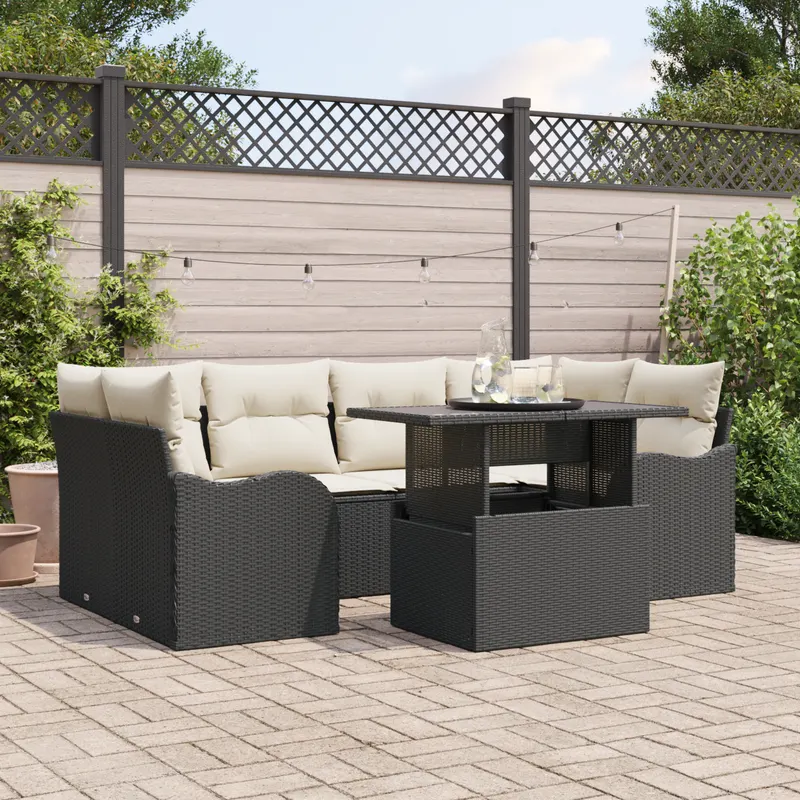 Set canapea de gradina de 7 piese cu perne ratan poli negru, canapea de gradina pentru 2 persoane cu depozitare si perne ratan poli negru