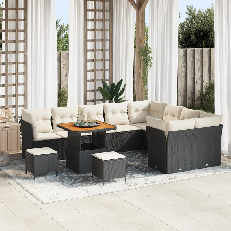 Set de canapea de gradina cu 12 piese cu perne negru poliratan acacia, set de dining de gradina cu 3 piese cu perne negru poliratan acacia