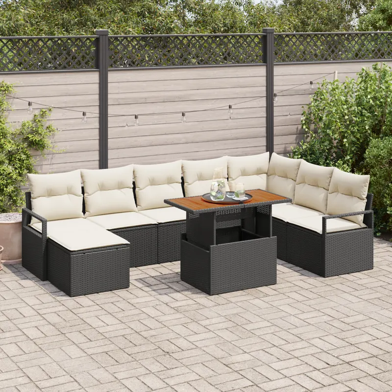Set canapele gradina 9 piese cu perne ratan sintetic negru acacia, set canapea gradina 2 locuri cu perne ratan sintetic negru