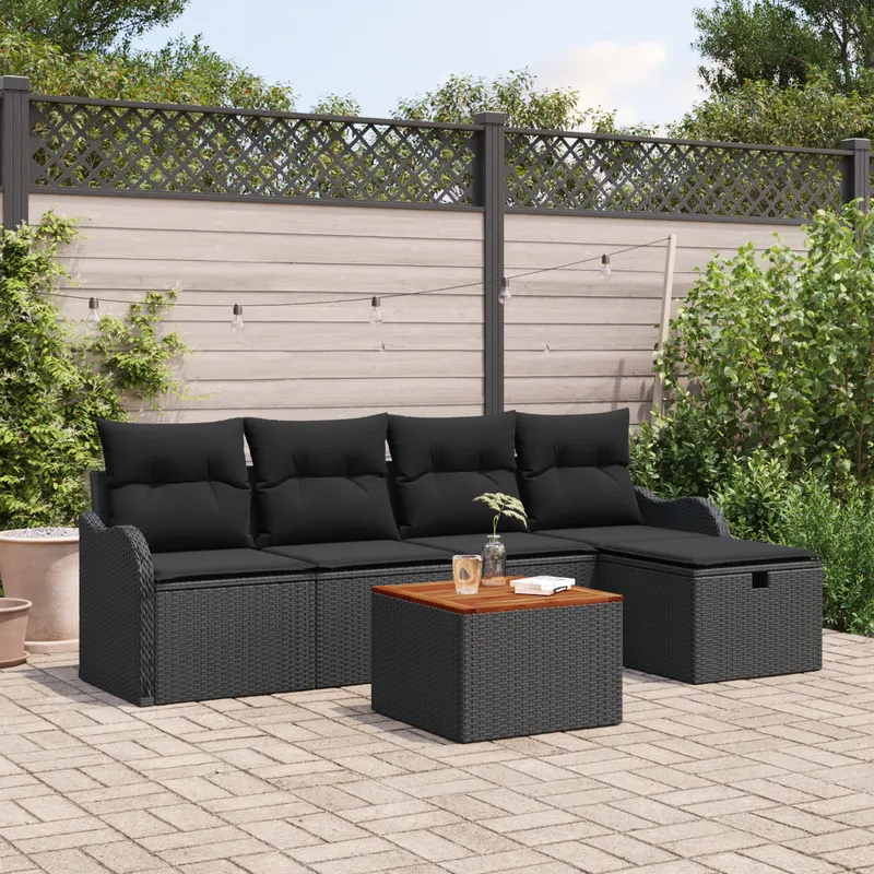 set de canapea de gradina cu 6 piese si perne din ratan poliester negru