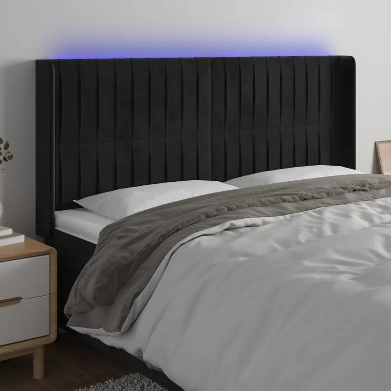tablie de pat cu led, negru, 203x16x118/128 cm, catifea