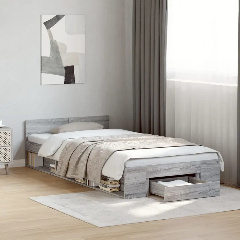 cadru de pat cu sertar gri sonoma 100x200 cm lemn prelucrat