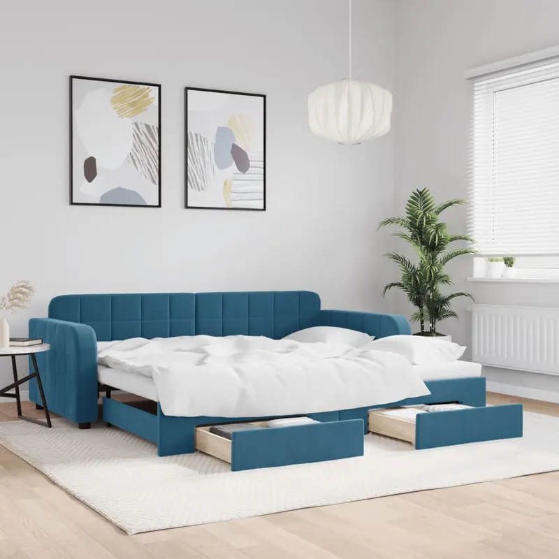 pat de zi cu extensie si sertare, albastru, 90x200 cm, catifea