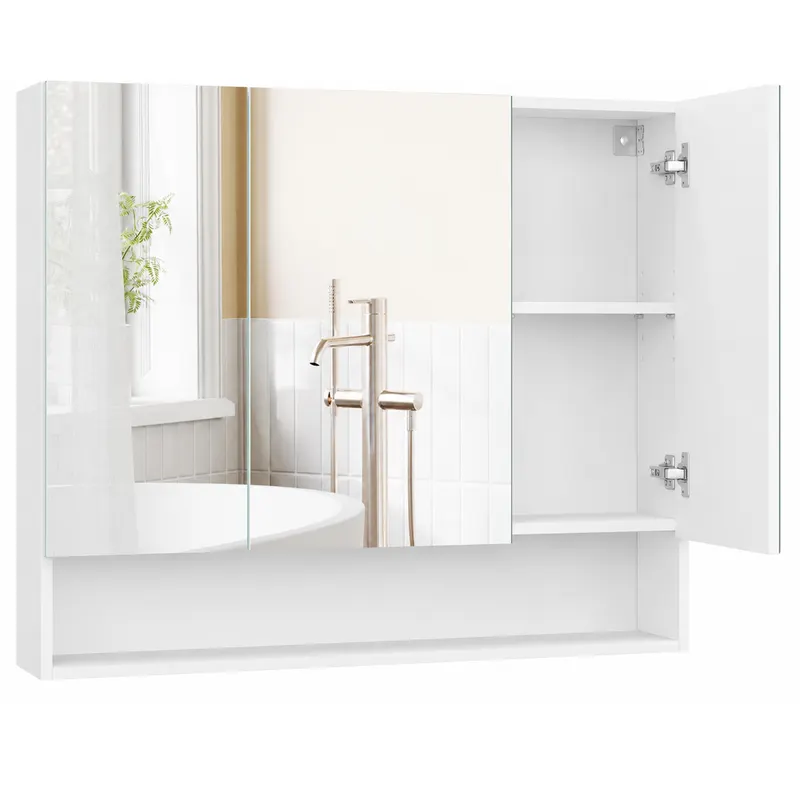 Dulap suspendat cu oglinda pentru baie, cu 3 usi si compartiment deschis, rafturi reglabile, 90x15x75 cm, alb